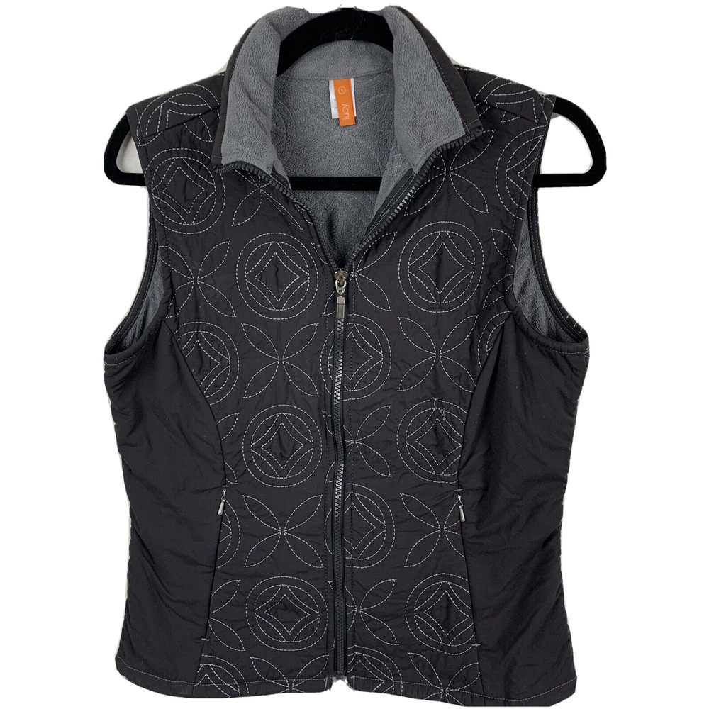 Lucy Womans Embroidery Full ZIp Vest Gray Size Small Lined Zip Pockets
